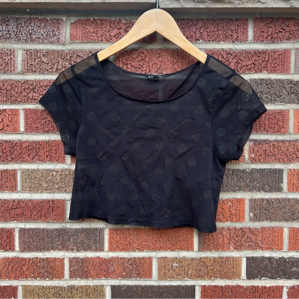 Express Black Mesh Polka Dotted Short Sleeve Crop Top